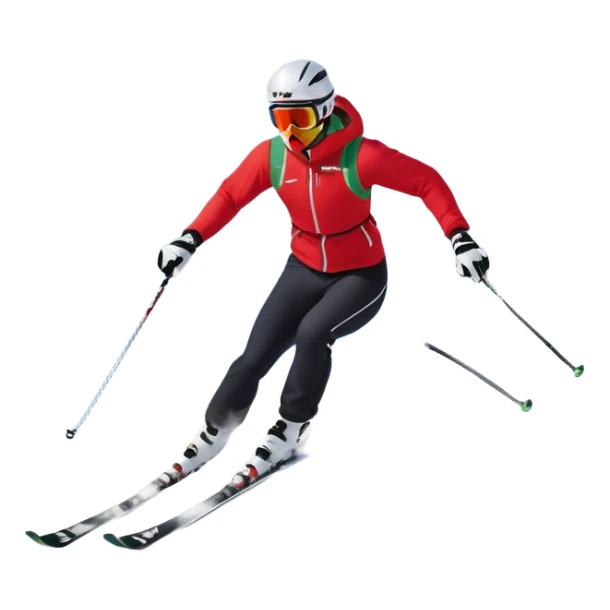 An icon featuring a skier racing down a snow-covered slope, surrounded by snowy peaks, pine trees, and a picturesque mountain landscape. The sky is blue with soft clouds, capturing the thrill and beauty of alpine skiing. Transparent background  sticker