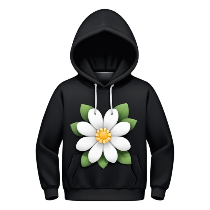 The BLACK Hoodie has a solid black base, accented with distinctive white open flower spots. Each flower has an empty space in the center, creating a hollow, ring-like appearance. These patterns are scattered across the hoodie for a bold and unique design. sticker