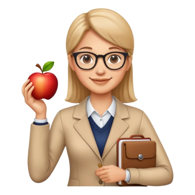 Cute smiling teacher with glasses and apple sticker