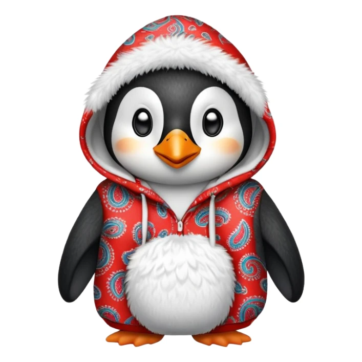penguin wearing a red paisley pattern hoodie sticker