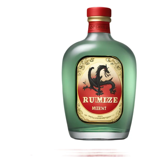 clear bottle of rumpleminze peppermint alcohol with a label that black with red border and font that has a small gold dragon on the label sticker