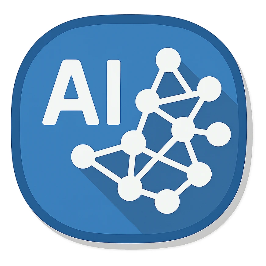 AI icon, neural network symbol, blue and white color scheme, flat design style sticker