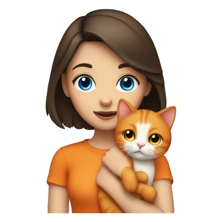 brunette girl with blue eyes holding orange cat sticker