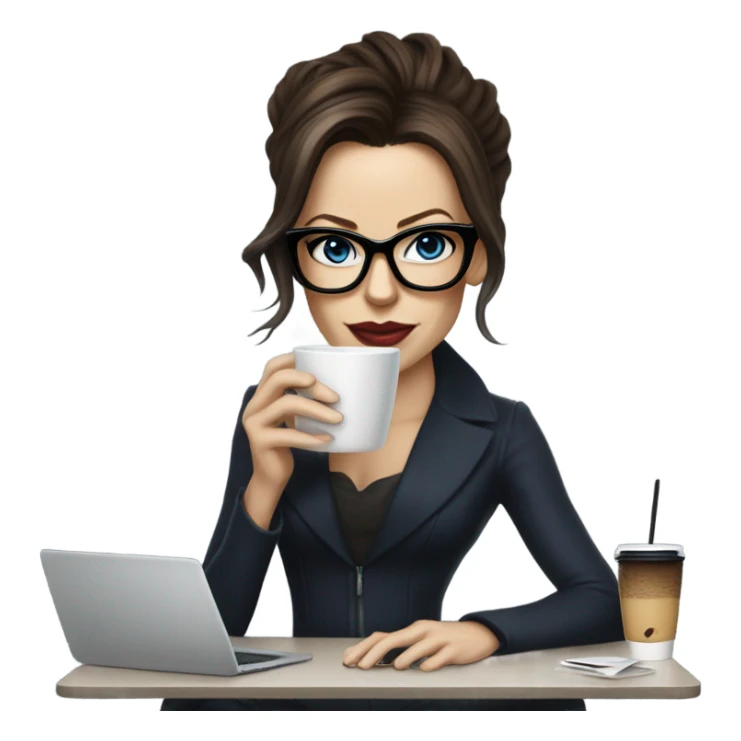 Hyper Realistic Kate Beckinsale dark blue eyes wearing glasses drinking coffee at a laptop  sticker