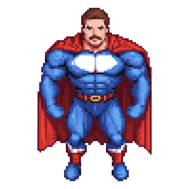 Omni-Man from Invincible, muscular superhero with mustache, blue and white suit with red cape, intense expression, pixel art style sticker