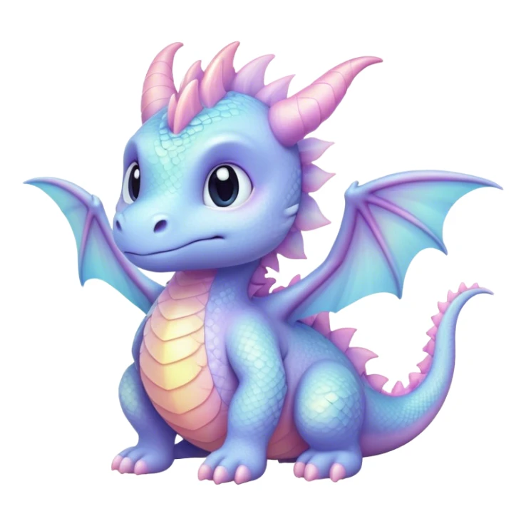 Cinematic fluffy pastel dragon, tiny round wings, chubby feet, sparkling gentle eyes, delicate glowing scales, soft colors blending magically, enchanting and whimsical. sticker