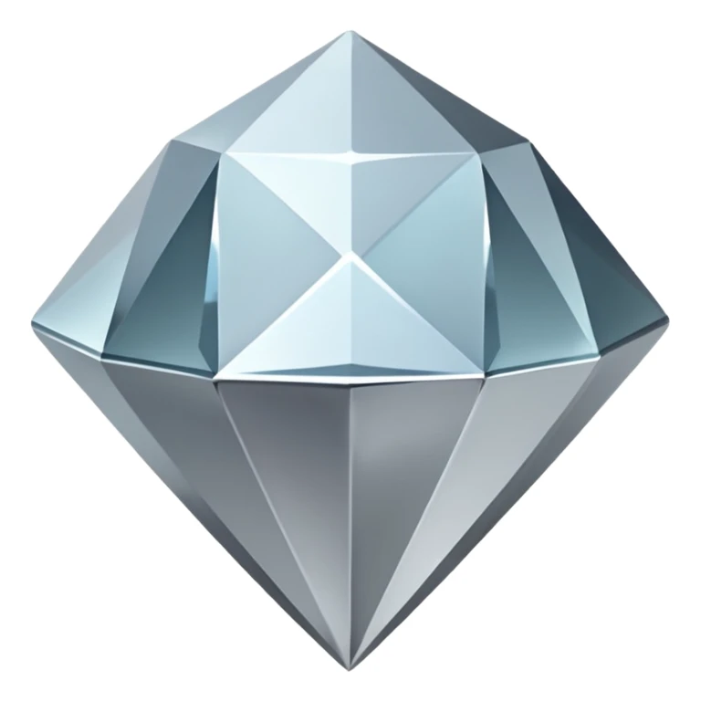 A faceted diamond emoji made of silver chrome, smooth reflective surfaces, soft metallic shine, minimalistic and clean design, iOS emoji style, centered on white background, soft studio lighting sticker