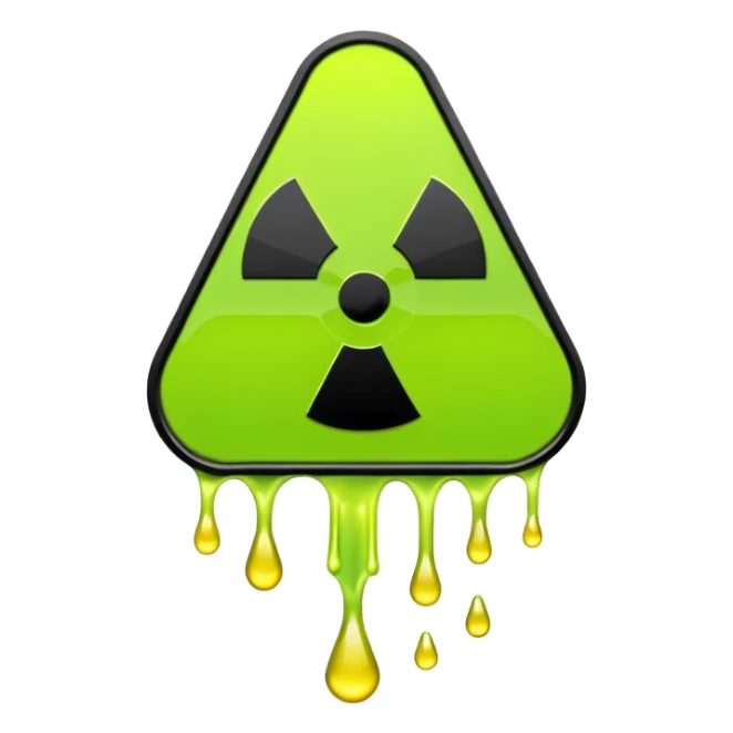 radioactive hazard symbol stylized to look like it is melting. The symbol is bright neon green and toxic yellow, with smooth dripping edges like liquid. sticker