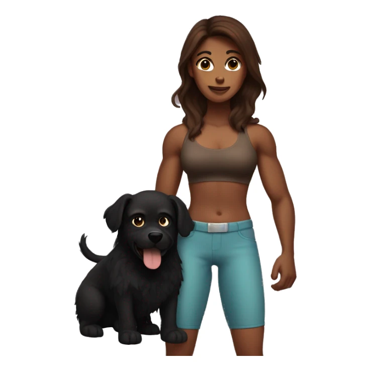 Long brown haired muscular woman holding fluffy black dog sticker