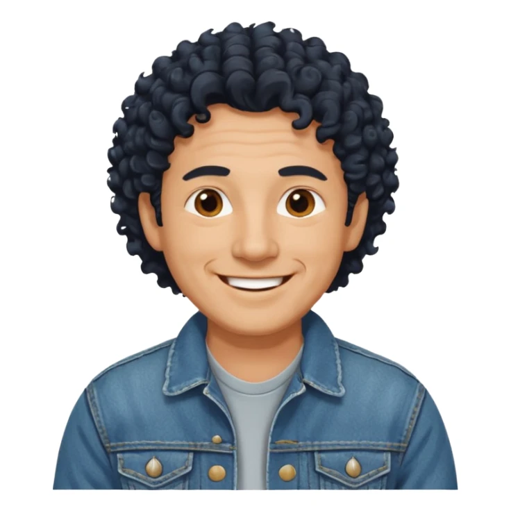 middle aged man, curly black hair, wearing a denim jacket, cheerful look sticker