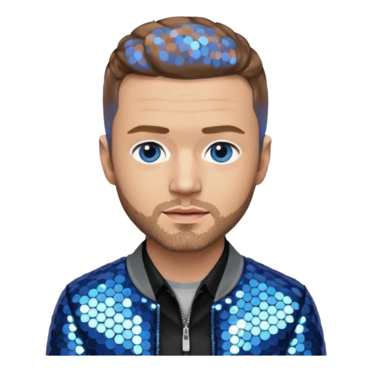 Justin Timberlake with light brown hair, gray sequin jacket, black shirt, blue eye, light skin sticker