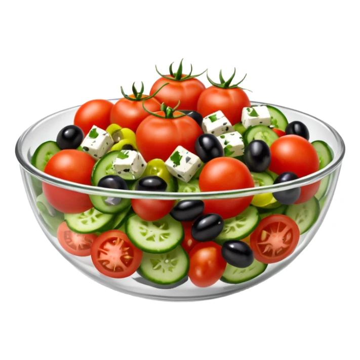 mediterranean salad bowl object icon, served in a transparent glass bowl, tomatoes, cucumbers, olives, feta cheese, olive oil dressing, glossy fresh look, 3D cartoon, mobile game icon style, centered, clean background, soft shadow, no text, no watermark sticker