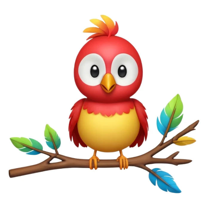 A colorful 3D cartoon bird perched on a small branch, bright feathers, round eyes, and cheerful smile, soft lighting, Memoji-style rendering. sticker