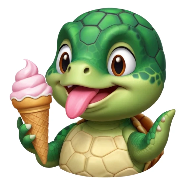 cute turtle portrait, head and shoulders only, licking an ice cream cone, funny happy expression, 3D cartoon, mobile game icon style, clean background, no text, no watermark
 sticker