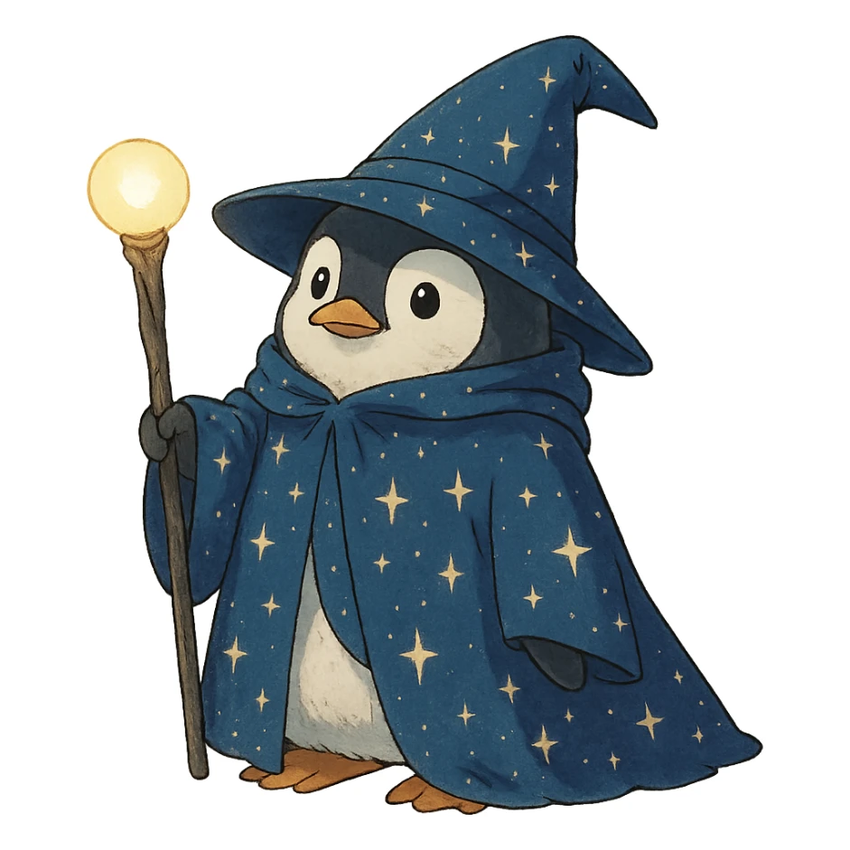 ghibli style penguin wizard with a starry cloak and glowing staff sticker