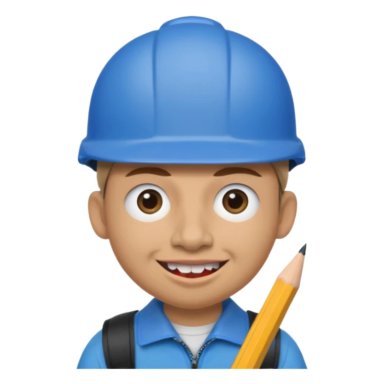 A round head puppet with 2 buck teeth a blue bike helmet and a round nose with a pencil in it also he has a unibrow and blue eyes sticker