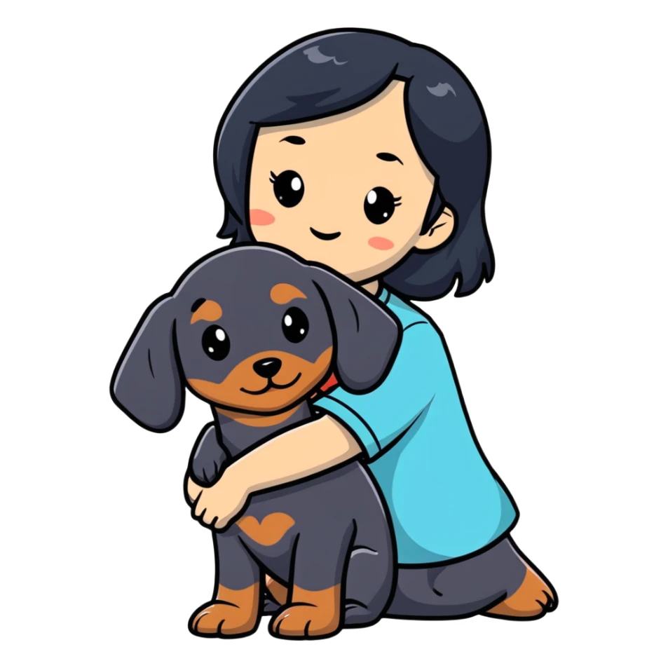 black hair asian girl hugging black dachshund sticker