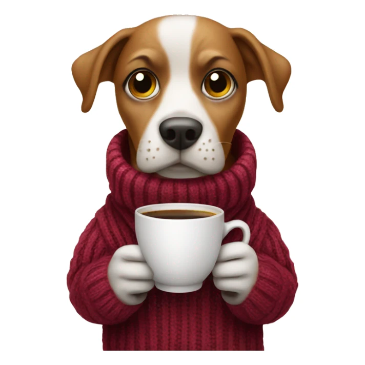 Dog with a cup of coffee wearing a sweater sticker