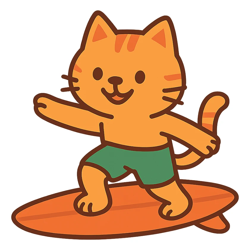flat toon style orange cat with green shorts surfing sticker