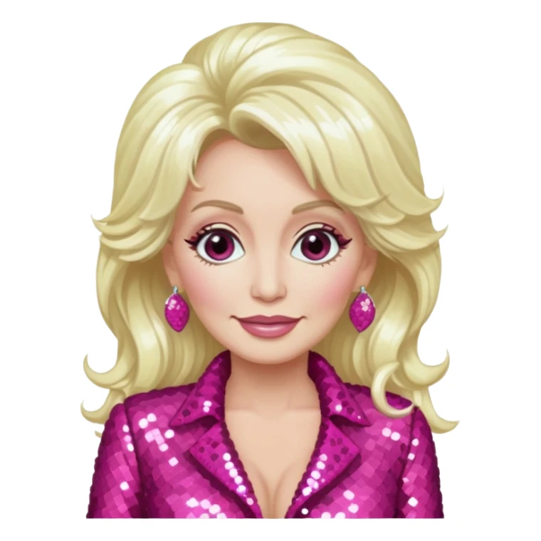 Dolly Parton with long platinum blonde hair, dark pink sequin outfit sticker