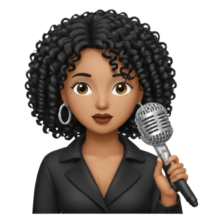 brown skin woman, curly black hair, singer, hold micro sticker