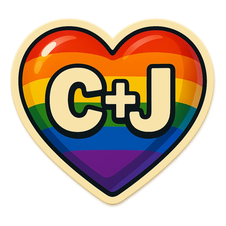 rainbow pride heart with the initials 'C+J' inside, bold and clear, vibrant colors, suitable for a sticker or emoji sticker