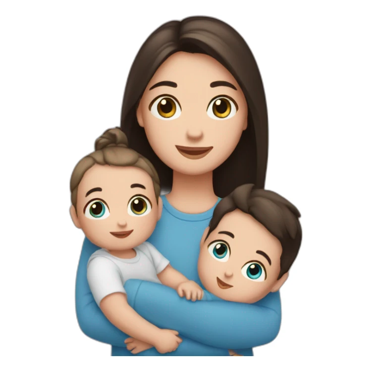 Cute girl with straight dark hair and blue eyes hold two boy babies sticker