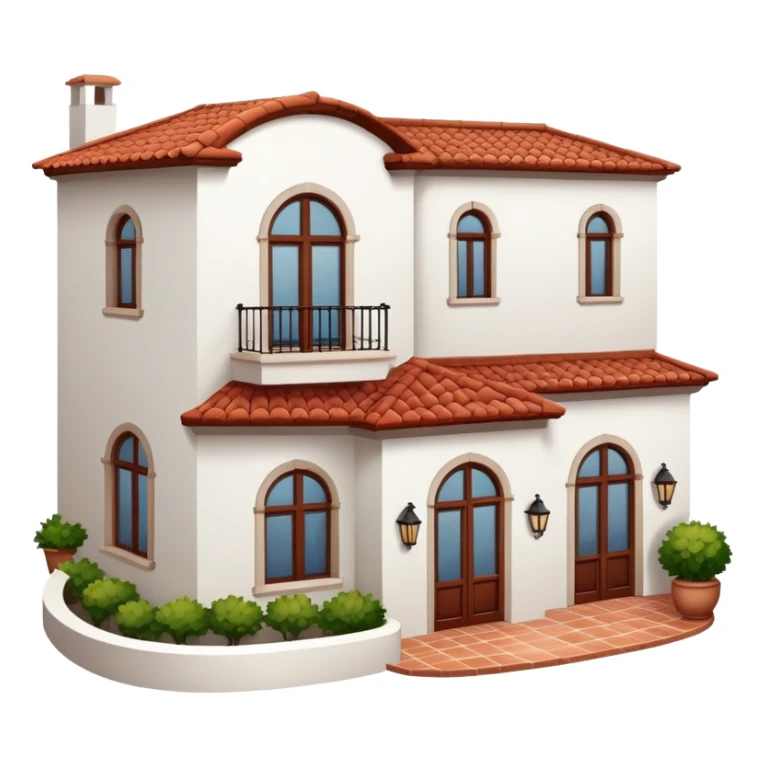 White stucco Spanish villa with red clay tile roof, arched windows, and small balcony sticker