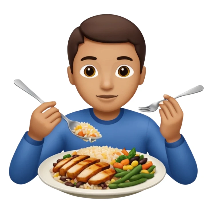 Create a person having lunch. Not a sandwich. Rice, beans, vegetables and chicken. sticker