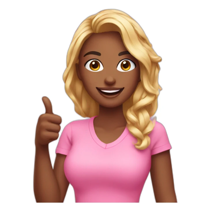 influencer promoting a pink product in her arms and thumb up sticker