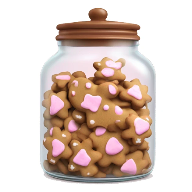 Realistic glass cookie jar with light pink lid full of gingerbread cookies isolated.  sticker