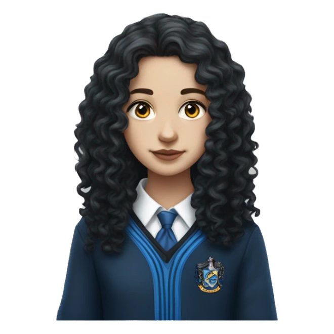 Hyper realistic White girl with long black curly hair wearing a ravenclaw school inform sticker