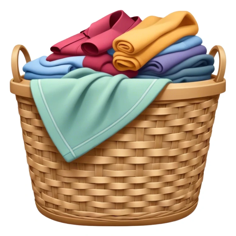 A laundry basket filled with clothes, some neatly folded and others piled up. The basket is made of plastic or woven material, with handles on the sides sticker