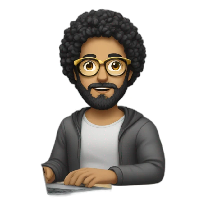 men with black curly hair and beard and golden glasses work hard on computer sticker