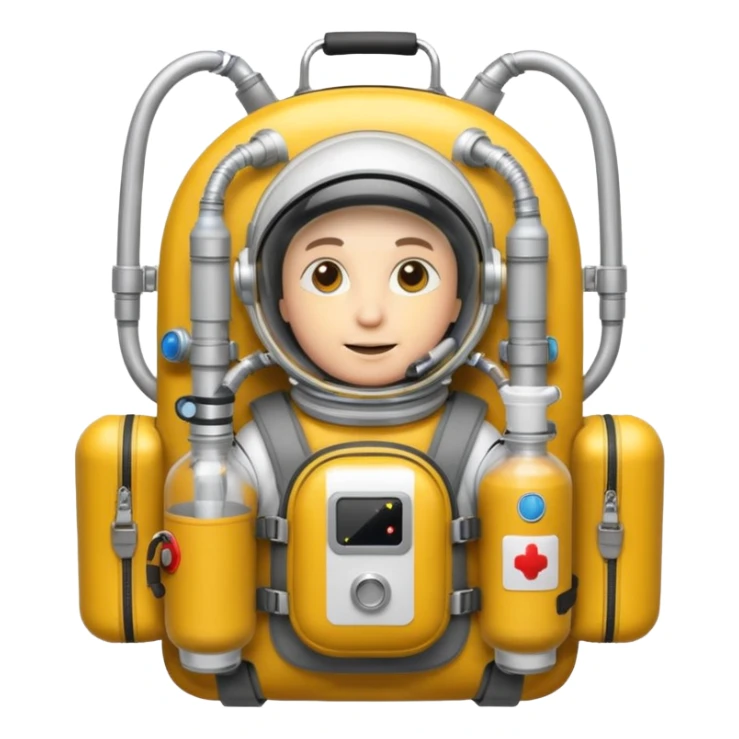 astronaut life support backpack with oxygen tanks and tubes, metallic silver equipment emoji style sticker