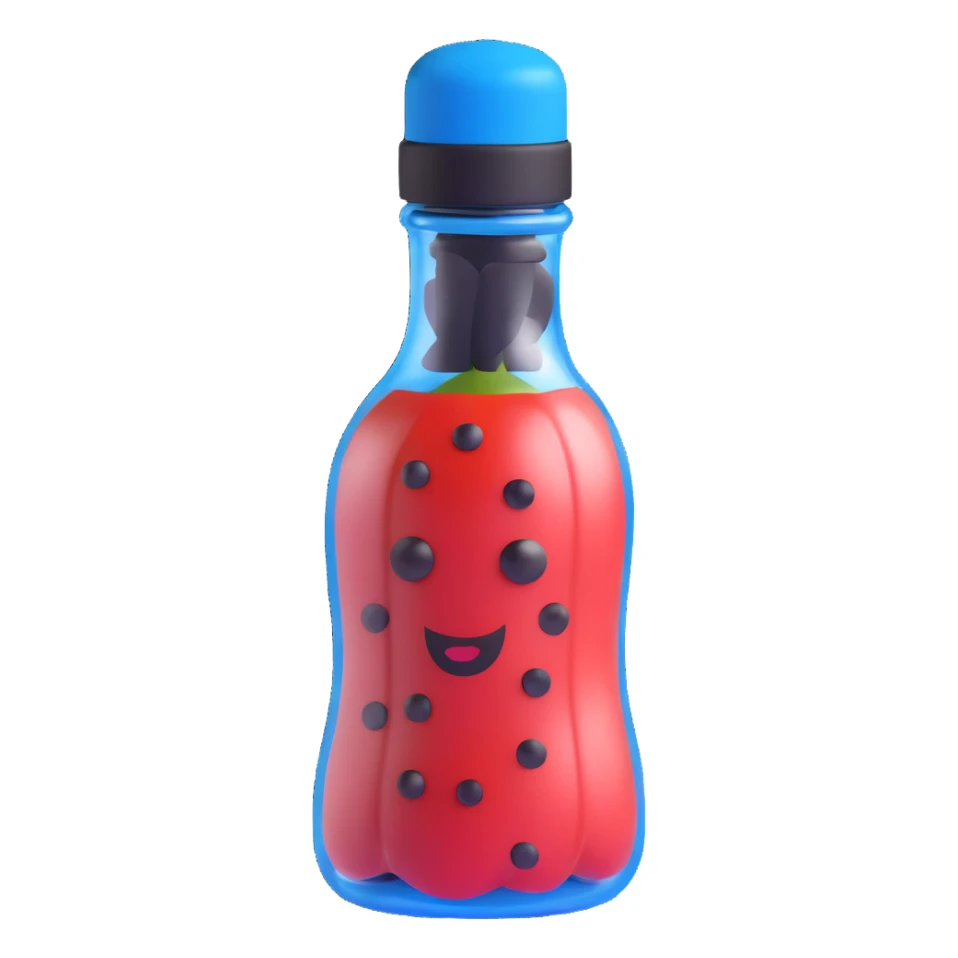 3D style cartoonish pepper bottle, blue cap, transparent body, black pepper, playful look sticker