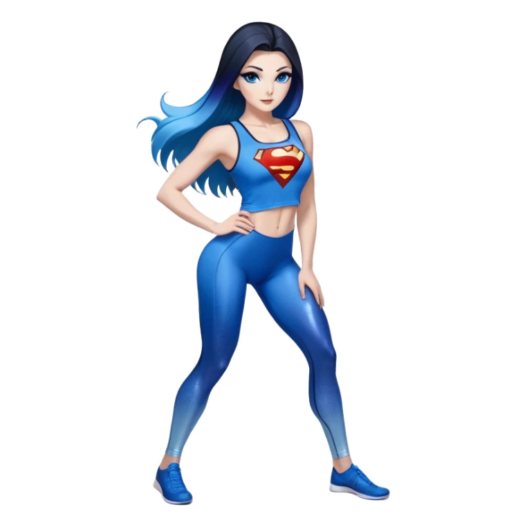 long legs-very very very large upper body-sexy face-bending forward-very long very straight dark blue to light blue ombre hair-and-blue eyes-thick black eyeliner-thick long eyelashes-iridescent blue lowcut tanktop with black leggings with glitter superman logo sticker