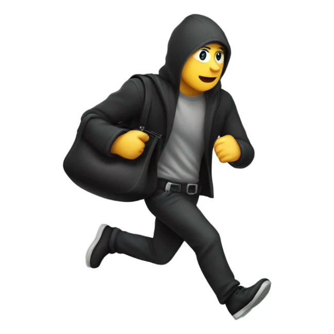 thief running with a black bag in shoulder and money flying sticker