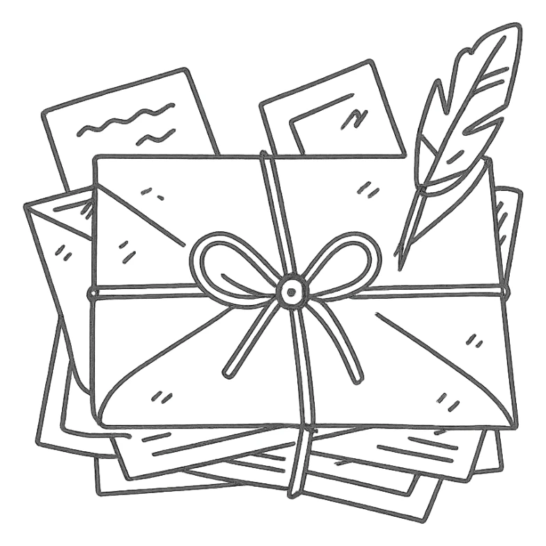 Стопка старинных писем в стиле дудлинг — конверты перевязаны шнуром или ленточкой, некоторые слегка приоткрыты, из них выглядывают пергаменты, карточки, перья sticker