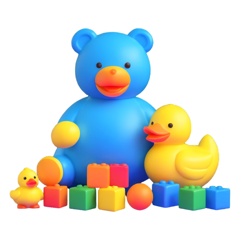 bright playful toys scattered - blue teddy bear, yellow rubber duck, colorful building blocks, rainbow ball, cartoon action figure sticker