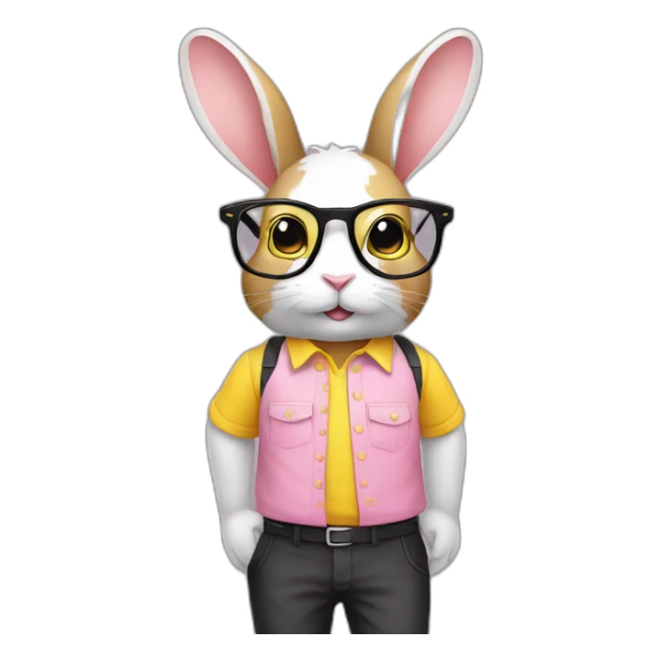 Specialist rabbit pink, glasses black, wears shirt yellow sticker