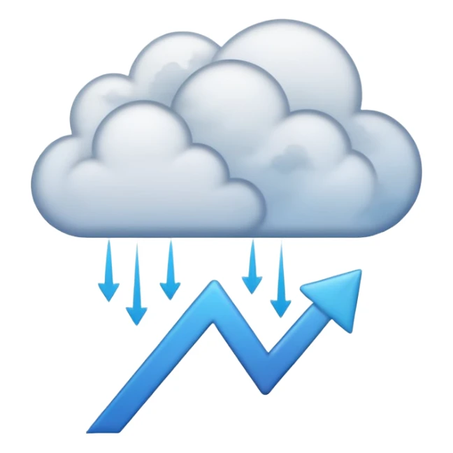 Abstract minimalist emoji showing a downward fading arrow dissolving into mist, with scattered broken lines and a heavy low-hanging cloud form above, symbolising a discipline slump and loss of structure. Muted tones, soft gradients, flat vector icon, transparent background. sticker