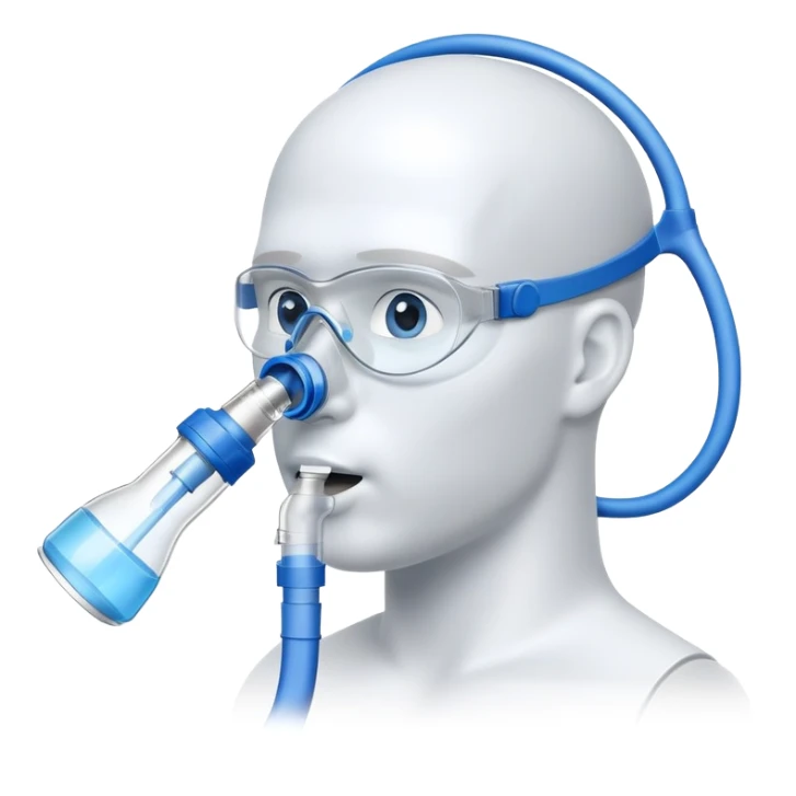 Blue VO2 max testing mouthpiece with breathing valve and tube, laboratory equipment isolated sticker