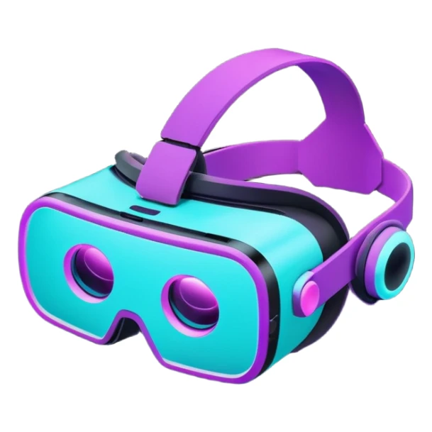Futuristic glowing neon VR headset, purple and cyan light, dark background, digital tech style sticker
