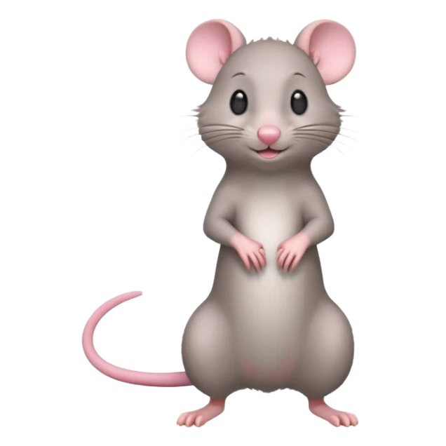 A 3D cartoon rat standing on its hind legs, gray fur, long pink tail, small round ears, curious smile, soft natural lighting, realistic yet cute Memoji-style. sticker