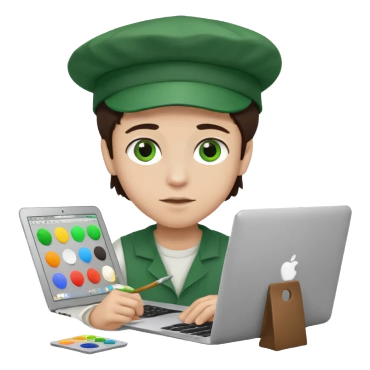 boy working in Macbook, him hat same like painter artist, eyes green color, color hair dark brown sticker