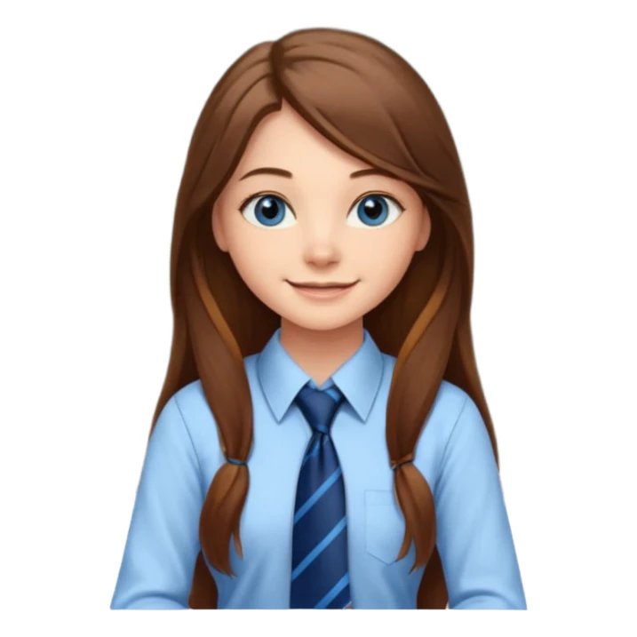 high school class room with a pretty female high school student with long brown hair, blue eyes, wearing a tie, sitting in front of the blackboard sticker