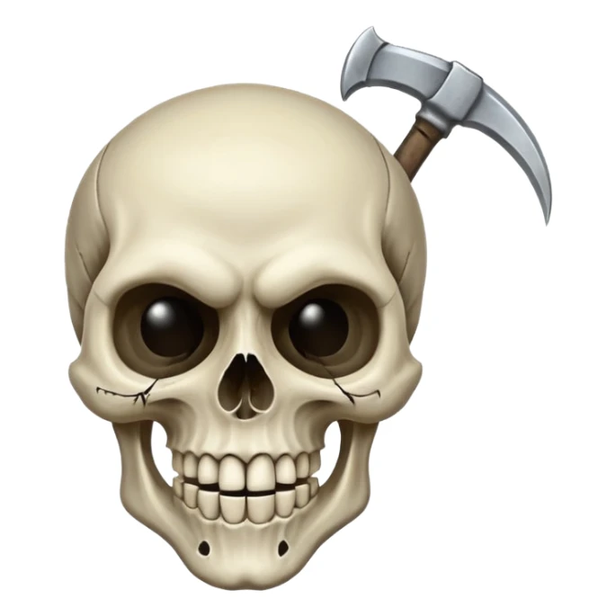 A laughing skull with a scythe crossed behind it, one eye socket winking. Clean, stylized lines, flat vector. Medieval woodcut style. Black and white with one accent color (tarnished silver). No background. sticker