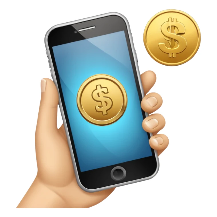 hand holding a phone showing a play icon and coin sticker