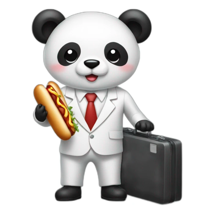 A professor with white suit and red tie and a panda face eating a hotdog and holding a black suitcase sticker